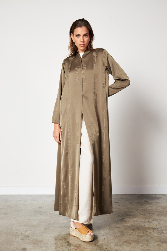 Olive - Full Embro Silk Abaya