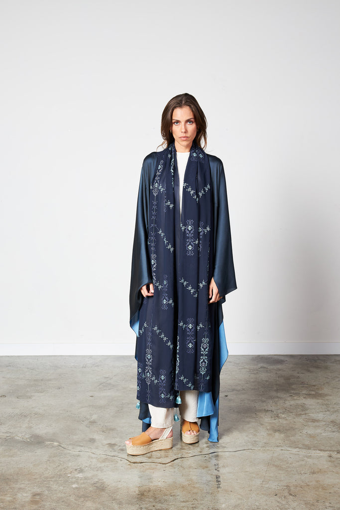 Navy - Embro two tone scarf abaya