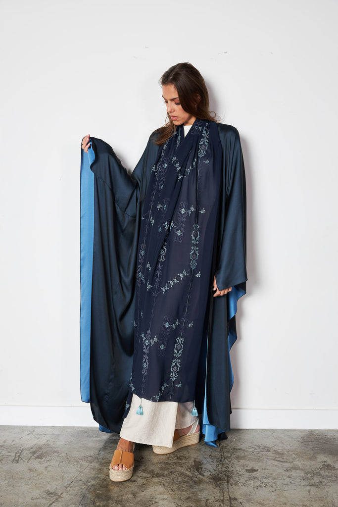 Navy - Embro two tone scarf abaya