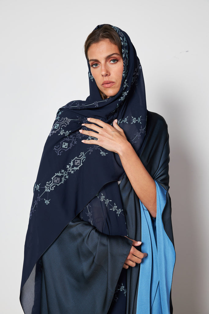 Navy - Embro two tone scarf abaya