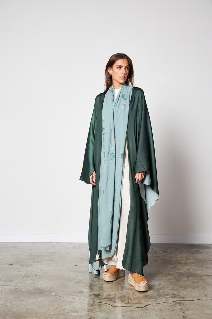 Green - Embro two tone scarf abaya