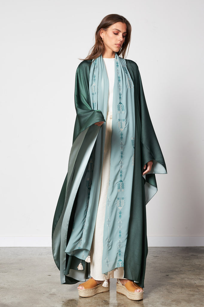 Green - Embro two tone scarf abaya