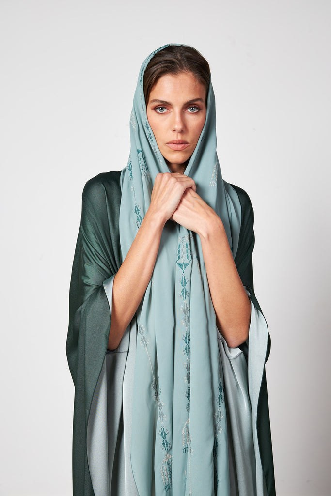Green - Embro two tone scarf abaya
