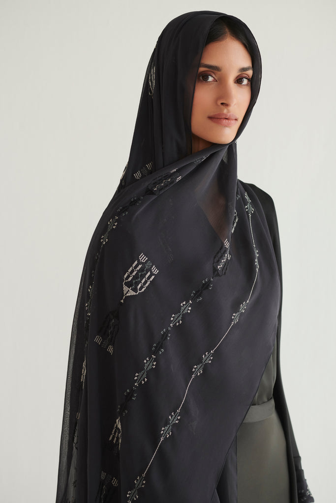 Black Embroidered Scarf Abaya